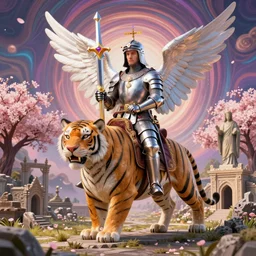 3 d render of catholic knight, angel with an excalibur magical sword portrait riding a bengal tiger, temple ruins, catholic saint statue ruins, landscape, sakura season, against a psychedelic surreal background with 3 d butterflies and 3 d flowers n the style of 1 9 9 0's cg graphics against the cloudy night sky, lsd dream emulator psx, 3 d rendered y 2 k aesthetic by ichiro tanida, 3 do magazine, wide shot