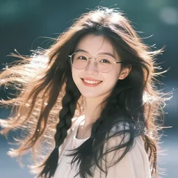 young beautiful female smiling with long flying hair, braided pigtails freely flying in the wind, wearing reading glasses by ross tran, ethereal ambiance, light freckles, glowing eyes, ethereal lighting, cinematic, happy mood