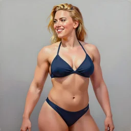 greg manchess portrait painting of happy scarlett johansson as thick muscular bodybuilder zarya from overwatch in bikini showing abs, medium shot, robust body, asymmetrical, profile picture, organic painting, sunny day, matte painting, bold shapes, hard edges, street art, trending on artstation, by huang guangjian and gil elvgren and sachin teng
