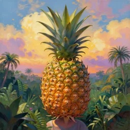 closeup, grande pineapple head, girl surrounded by djungle, surreal photography, golden hour, colorful clouds, impressionist painting, digital painting, artstation, simon stalenhag