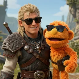 bip bippadotta as a skyrim character, wearing sunglasses, fuzzy orange puppet, screenshot from skyrim