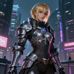 beautiful female knight, short blonde hair, cyberpunk 2077, city background, rainy night, neon glow concept art, sharp focus, intricate, digital painting, artstation, official media, anime key visual, highly detailed, rich vivid colors ambient lighting, illustration, art by Artgerm, Makoto Shinkai, Ilya Kuvshinov, Lois Van Baarle and Rossdraws