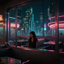 vertical movie frame portrait of girl in 5 0's retro restaurant interior, neon - decorated urban on night in the city seen through the window, modern interior design, architectural design, vintage, night blade runner, dark, postapocalyptic, 4 k, octane, asian futuristic city at distance, big windows, octane, wide angle
