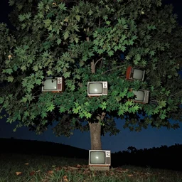 night photo of a tree with old televisions in the leaves on a hill