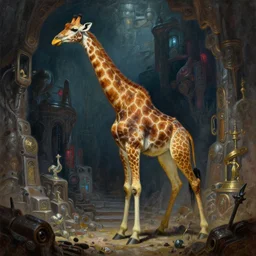 proud and mighty anthro giraffe girl fursona adventurer with spotted fur and long armored legs is hunting for treasures in the grimdark dungeon depths, enchanted magical fantasy cyberpunk. oil painting, by james gurney, dan mumford, wayne reynolds, ron spencer, gustave dore