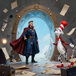 the third first image on the scattered absurdity server by dr strange and dr seuss, very pretty, photorealistic, portal hopping and time warping with reckless abandon, by Grafit Studio