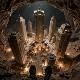 The remnants of a city with tall buildings built by an advanced civilization that crumbled after an apocalyptic event. It is found in the dark depths of a sand cavern, lit by light sticks on the ground, seen from above, first person POV, octane render, 8k, unreal engine