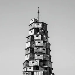 a tower made up of makeshift squatter shacks, mamiya, 8 5 mm, f 1. 7, fully frontal view, uniform plain sky, fine details, photographed by julie blackmon and ansel adams