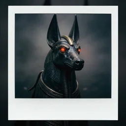 polaroid of anubis with red glowing eyes, by greg rutkowski, octane render, unreal engine, hyper realistic, digital art, unreal engine, dark , moody, foggy