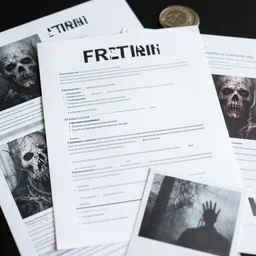 photograph of confidential documents with some terrifying information, disturbing images, 4k, HDR