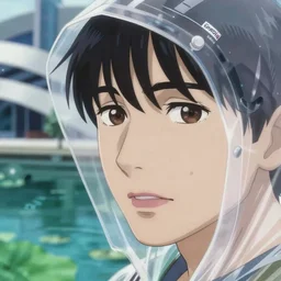 Cinestill 800t, 8K, highly detailed, seinen manga 3/4 extreme closeup portrait, eye contact, focus on blade runner clear plastic raincoat, tilt shift zaha hadid style anime background: famous anime remake, pond scene