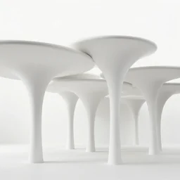 architecture model in white space, organic pillars growing to hold up floor plates