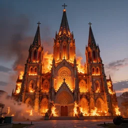 a beautiful hyperrealistic detailed 3D render of a burning church, by genzoman, unreal engine, octane render, gigantic, 3D, brilliantly coloured, intricate, ultra wide angle, trending on artstation, embers, smoke, dust, dusk, volumetric lighting, HDR, polished, micro details, ray tracing, 8k