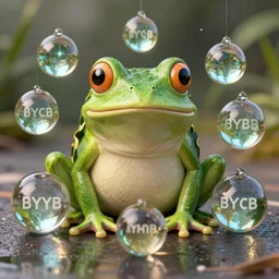 The Wednesday frog and all his orbs hanging out, high quality render, realistic reflections, reflective surfaces, natural lighting, the orbs of BYOB, The Wednesday Frog, background details