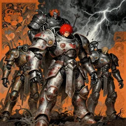 composition of gothic and futuristic, warhammer, cyber japan armor, more scars, many mechflowers, thunderstorm, red head, some orange, the middle ages, highly detailed, artstation, in the style of moebius, jugendstil and classic japanese print, psychedelic, art by peter mohbacher and leon gerome, greg gandy, vincent disederio, dragan bibin
