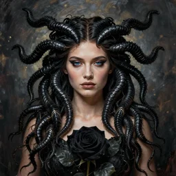 , medusa, symmetrical portrait, realistic, full body, black rose, rich detail, by stanley artgerm photo - grade