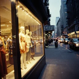 first - person perspective looking on a 4 5 degree angle at a store window with mannequins near a bustling street with automobiles in 1 9 4 0's new york city at night, warm glow of light emits from store, reflection of traffic in store window, color photo, vintage film artifacts, wide - angle lens
