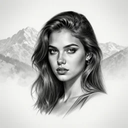 tattoo design sketch of a beautiful girl portrait in front of a faded mountain background, in the style of den yakovlev, black and white, realism tattoo, hyper realistic, highly detailed