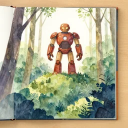 the iron giant rises above the forest, watercolor illustration for a book