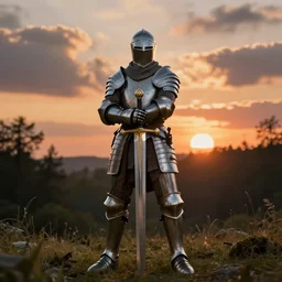 knight wielding a great sword wearing plate armour, sunset, clouds, artstation, medieval, forest, award winning, ultra realistic, realism