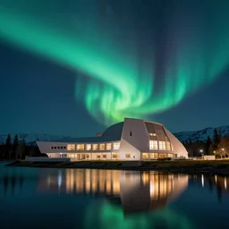 Le Corbusier architecture next to Alaskan Lake, night time stars, northern lights, reflections, award winning photography