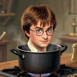 harry potter's head in a cooking pot, digital illustration, in the style of greg rutkowski, highly detailed