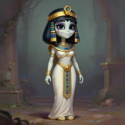 cute, shy & beautiful smiling undead skeleton girl with very attractive face and black hair dressed as a cleopatra, elegant, digital art, fullbody painting, fantasy, pixar style, painting, pin up, highly detailed, artstation, art by artgerm, vrubel, greg rutkowski, ilya kuvshinov, raymond swanland