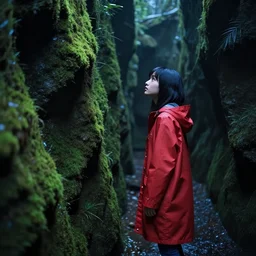 A mossy underground world like a back alley or outer space or underworld, A Japanese girl in a red raincoat explores, beautiful, dark and blue and green tones, 4k