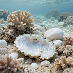 landscape, corals, nacre, sea, white stones, iridescent. fantasy, digital painting, hd, highly detailed.
