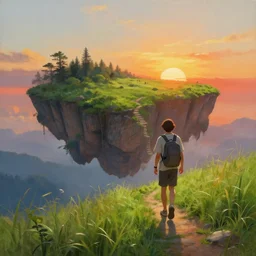 a beautiful painting of a journey of a thousand miles begins with a single step, it is necessary to take the first step to reach your goal, flying island and sunset, the grass is always greener on the other side, other people always seem to be in a better situation, although it might not be true, highly detailed, 8 k resolution, trending on artstation