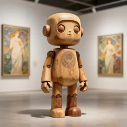 octane render ultra photorealistic hyper detailed, a very very cute wooden mystical statue robot of the primitive trending on cgsociety in a contemporary art gallery in neo tokyo artwork by alphonse mucha