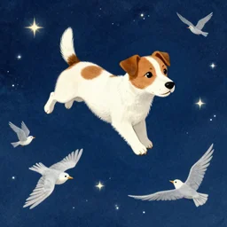 jack russel dog floating in the sky, birds eye view, surrounded by stars, at night time, stars, illustrated by peggy fortnum and beatrix potter and wayne barlow