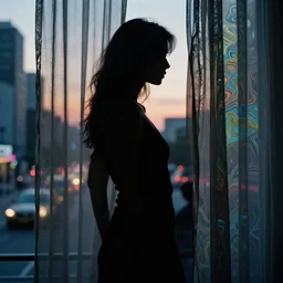 beautiful female body silhouette, beautiful portrait, photography by amy leibowitz and filip fedorov, long sheer curtains, urban city photography, close up portrait, cinematic still, film still, magic hour, dark mood, cold colors, sony, kodak, long exposure, art noveau painting, liquid marble fluid painting, neon glow