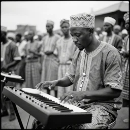 an analogue photo of a Burkina Faso Maquerade playing an electronic drum machine, black & white, 35mm, f/1.4,