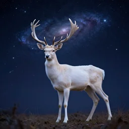 professional stylized digital art of an albino deer with galaxies and shooting stars in the night sky, hd, 8 k