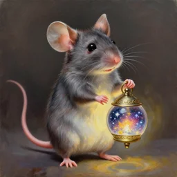 an extremely well painted and super detailed oil painting of a cutest mouse standing on two feet with an intricate round bell - lantern infused with magic of the stars in its hands, professional painting by beeple, dynamic lighting, trending on artstation, octane render, realistic fur, sharp focus