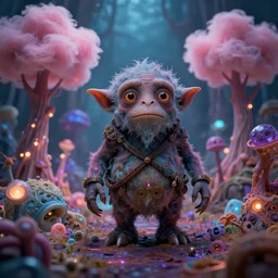friendly Golem on a bioluminescent biome of oddities, enchanted, magical, cotton candy trees,  cinematic shot, intricate, ornate, photorealistic, ultra detailed, realistic, 100mm, photography, octane, high definition, depth of field, bokeh, 8k, behance, artstation
