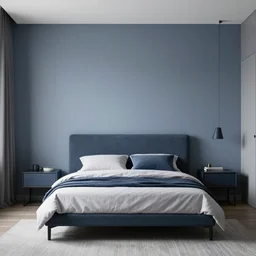 designer photograph of minimalist bedroom, colors of blues and grey
