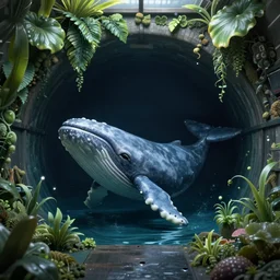 a whale alone, in an empty dark flooded london underground tunnel, overgrown with aquatic plants, digital art, artstation