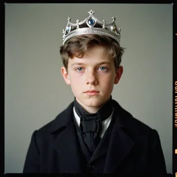 kodak portra 4 0 0, 8 k, highly detailed, britt marling style 3 / 4 photographic close, medium format, press award winning portrait of a handsome boy with a silver crown, up face with 1 8 5 0 s hairstyle, 1 8 5 0 s clothing style, asymmetrical, hasselblad x 1 d - 5 0 c, 1 0 0 mm f 1. 8, soft light
