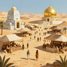 Fantasy desert marketplace in marble and gold, digital art, trending on artstation