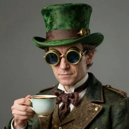 a man with a green hat and brass goggles holding a cup, a character portrait by michael komarck, michael kutsche, tim burton, featured on cgsociety, fantasy art, behance hd, steampunk