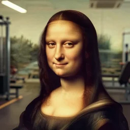 female influencer face in gym mona lisa face instagram selfie photo staring at camera with curly hair in gym photo # gym # photography # beauty