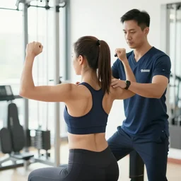 a woman exercising her shoulders with her kinesiologist