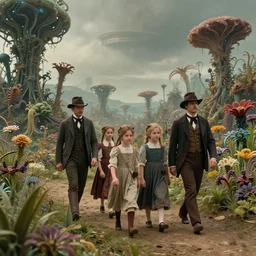 sharp, highly detailed, 9216k film, 17150mm film still from a sci fi blockbuster color movie made in 2019, set in 1860, of a family walking through a very alien landscape that is full of strange alien plants and flowers, on an alien planet, the family are all wearing 1860s era clothes, good lighting, in focus, 350mm f/1.4L lens