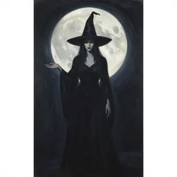 surrealism, abstract, a dark witch in front of the full big moon, painting by agam yaacov, gertrude