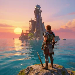 full length portrait of a male warrior exploring a tall mysterious contraption near the ocean with clear water, rendered in bryce 3 d and daz, ray - tracing, water ripples, sunset, vibrant color, depth of field, cinematic lighting, focused, rule of thirds, trending on artstation
