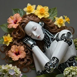 a beautiful fine art RPG portrait photo of a sleeping cyborg robot, spread out wavy hair covered by by hibiscus, daffodils, hydrangea, montsera leaves by vladislav ociacia and tom bagshaw, soft studio lighting, 50mm lens, very detailed, bionic, robotic, deep depth of field, artstation, 4K