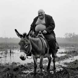 movie still by tarkovsky of an happy giant obese old bald man wear dark clothes on a donkey, a swamp, cinestill 8 0 0 t 3 5 mm b & w, heavy grain, high quality, noir, natural textures, photorealistic, ambient occlusion, hd, mud, fog, ultra wide lens, anamorphic