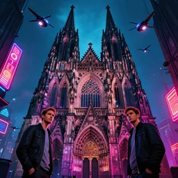 a gothic cathedral dan mumford and josan gonzalez and simon stalenhag, cyberpunk, vibrant, dystopian, police drones, neon signs, high contrast